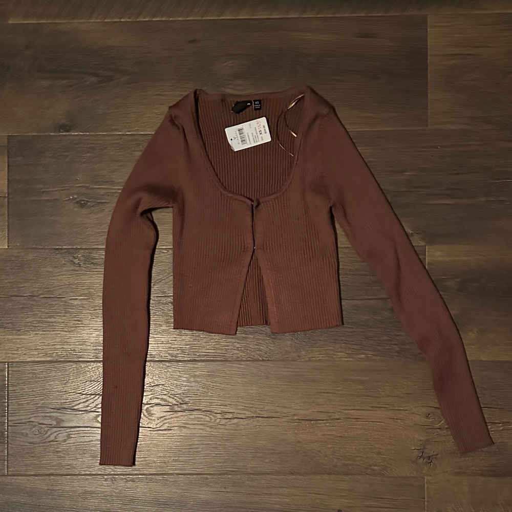 Brown Ribbed Long Sleeve Crop Top